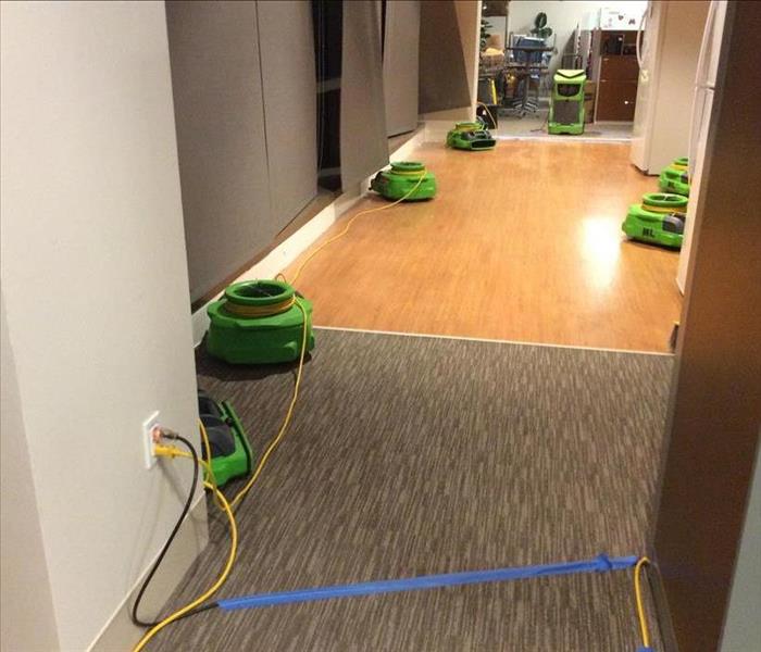 Air movers lined up in a hallway. 