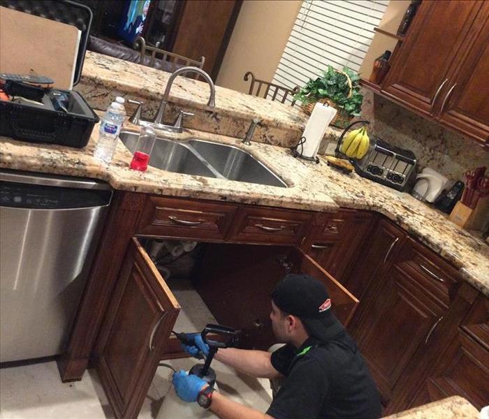 Man spraying underneath a kitchen sink wearing blue gloves. 